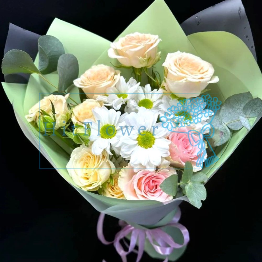 Букет цветов из: Хризантемы и Розы